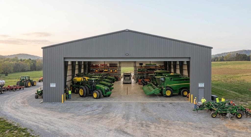An Agricultural Steel Building Storing Farm Equipment.