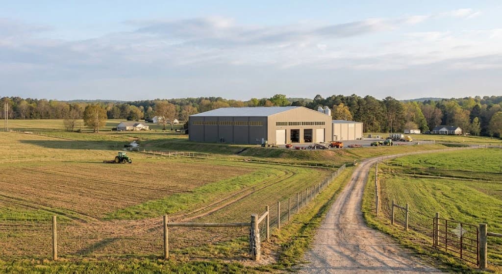 An agricultural steel building used for farming.