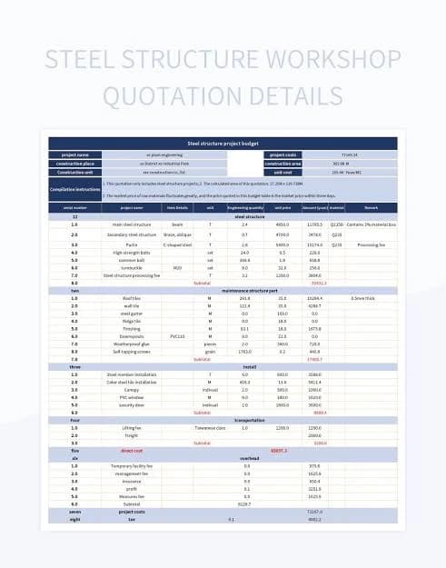 Steel building quote comparison spreadsheet showing line by line engineering specs.