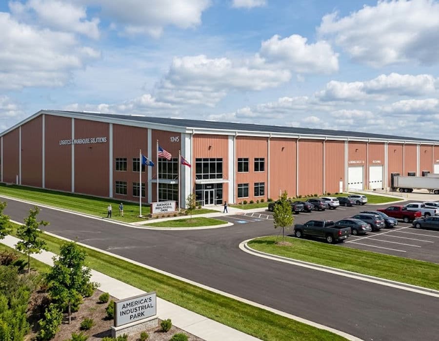 Brand new commercial steel building with a parking lot.