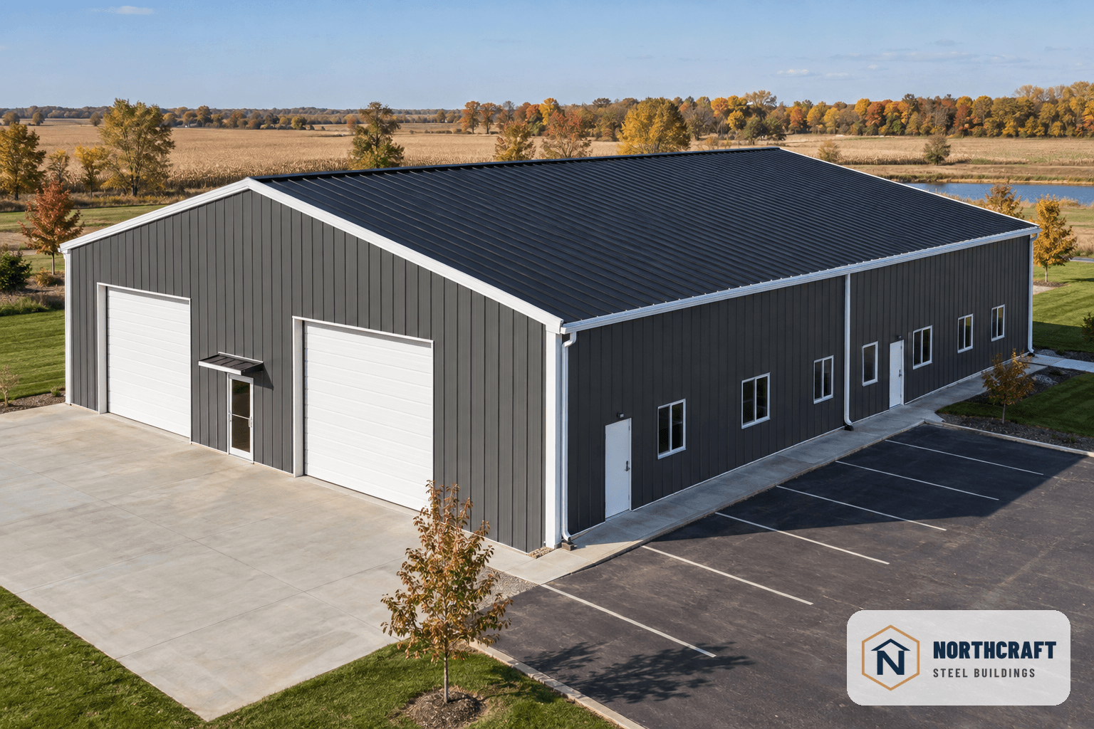 A large charcoal I-beam steel building with white trim and a black roof