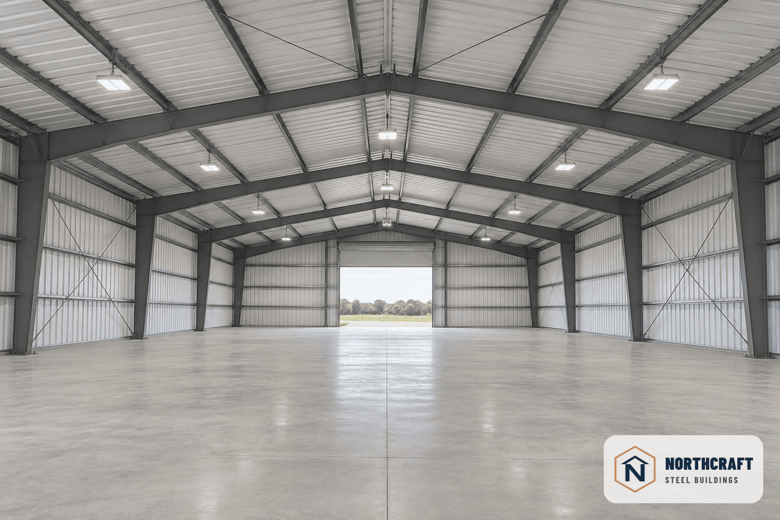 Tapered gray I-beam frames around a clear-span interior