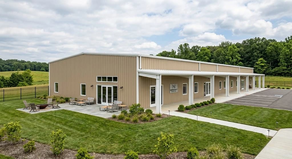 Commercial steel building used as a store front for multiple businesses.