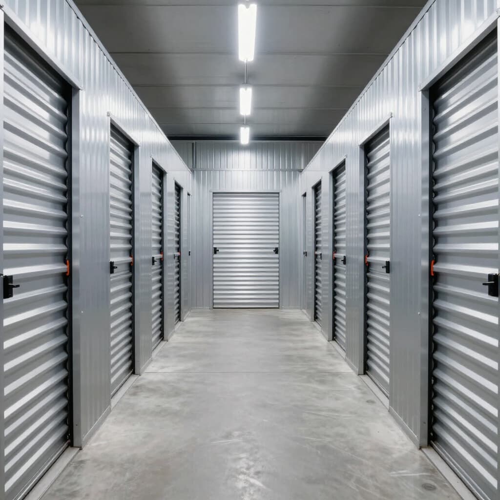 Inside of a mini-storage building with inner hallways and temperature control.