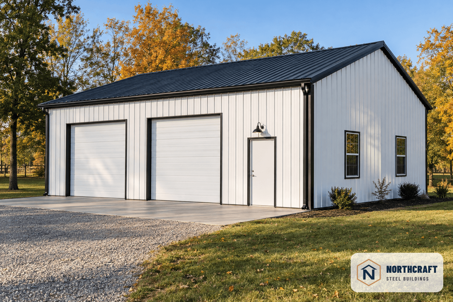 A white C-channel steel workshop garage with black trim and a black roof