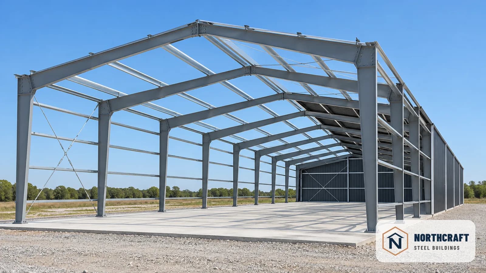 Gray I-beam steel frames on a concrete slab, with purlins and girts installed and panels on the far end