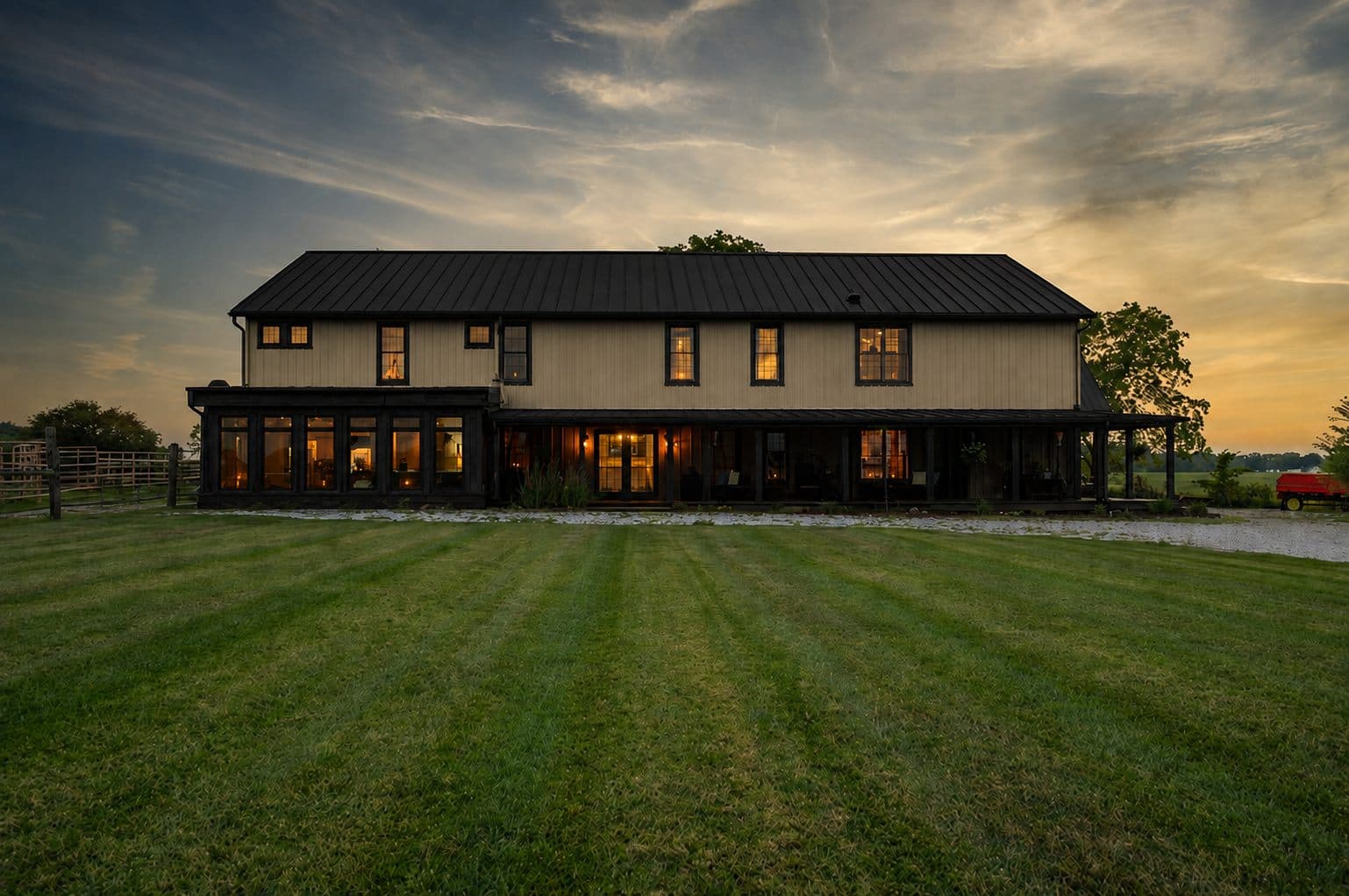 A steel barndominium with a farmhouse-style exterior, covered porch, and glass sunroom at dusk.