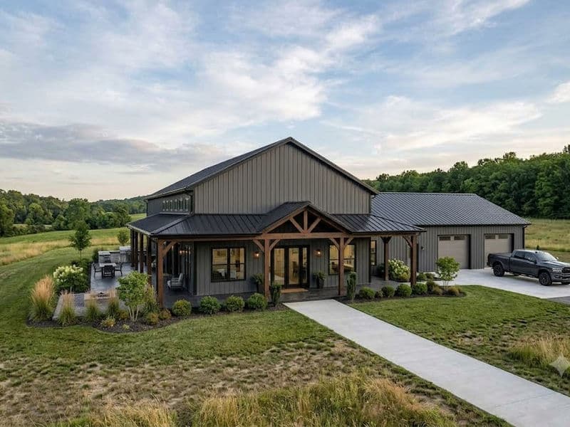 Steel Barndominium Home with a porch on the front side.