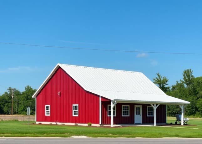 A red steel barndominium with a white metal roof and a covered side porch.