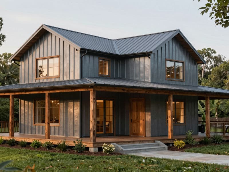 Steel Barndominium Home with a wrap-around porch.