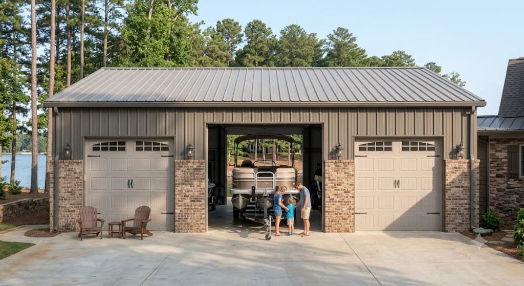 A steel building garage for storing boats