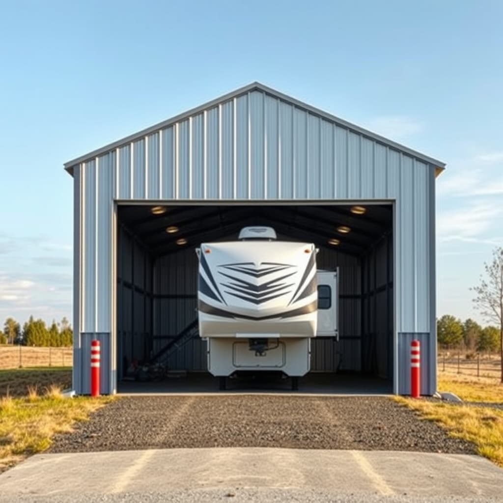 A steel building with a RV parked inside it