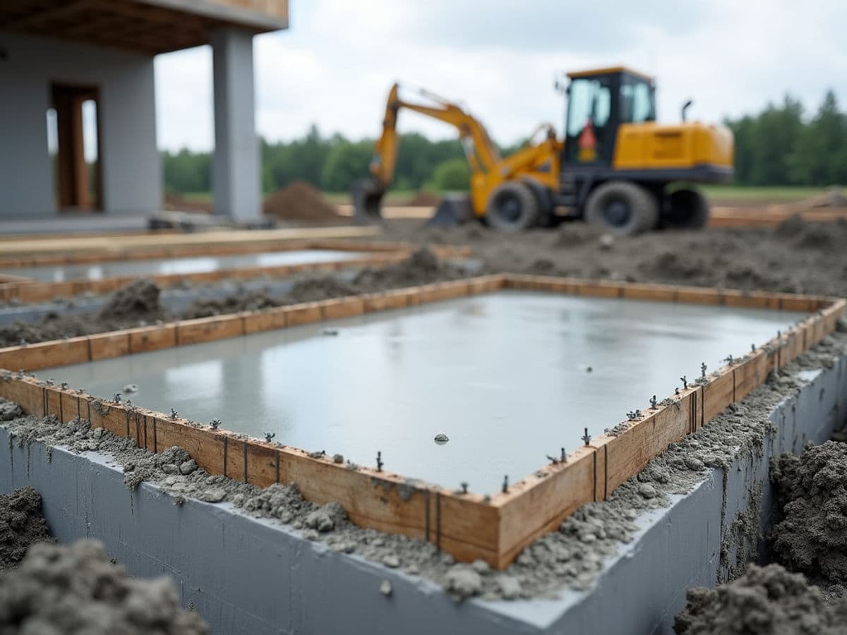 Freshly poured concrete foundation forms at a construction site.