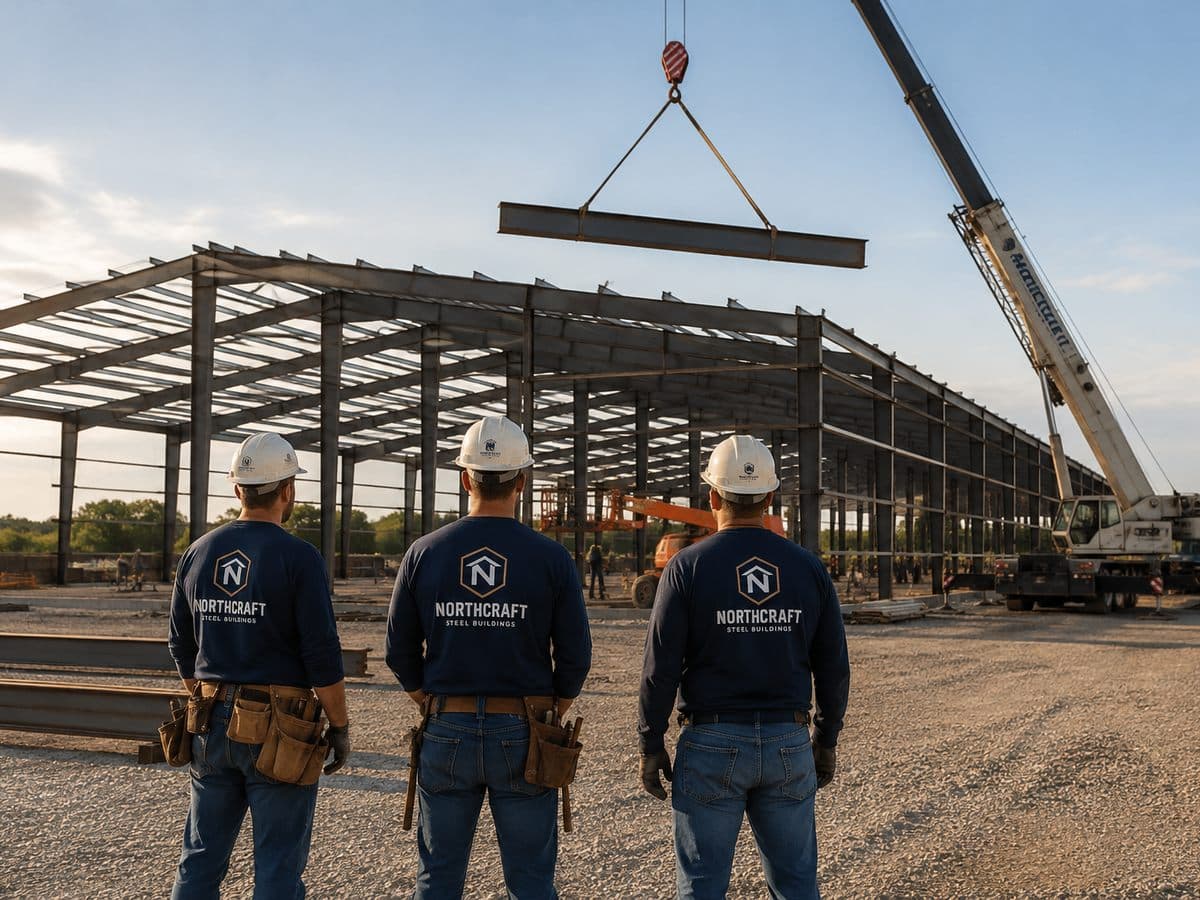A crane setting a steel beam on a building frame.