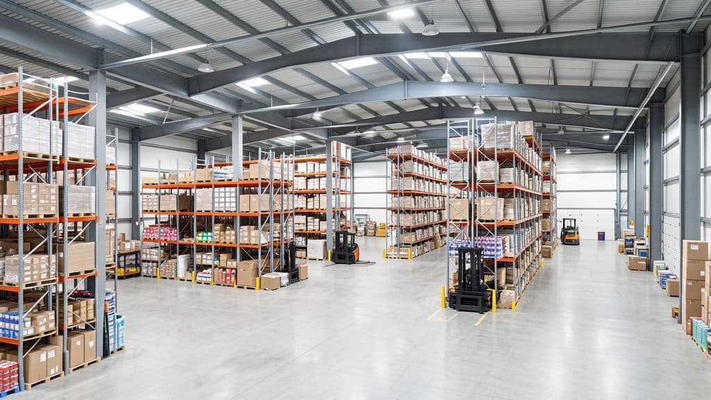 Interior of warehouse steel buildings with pallet racks.