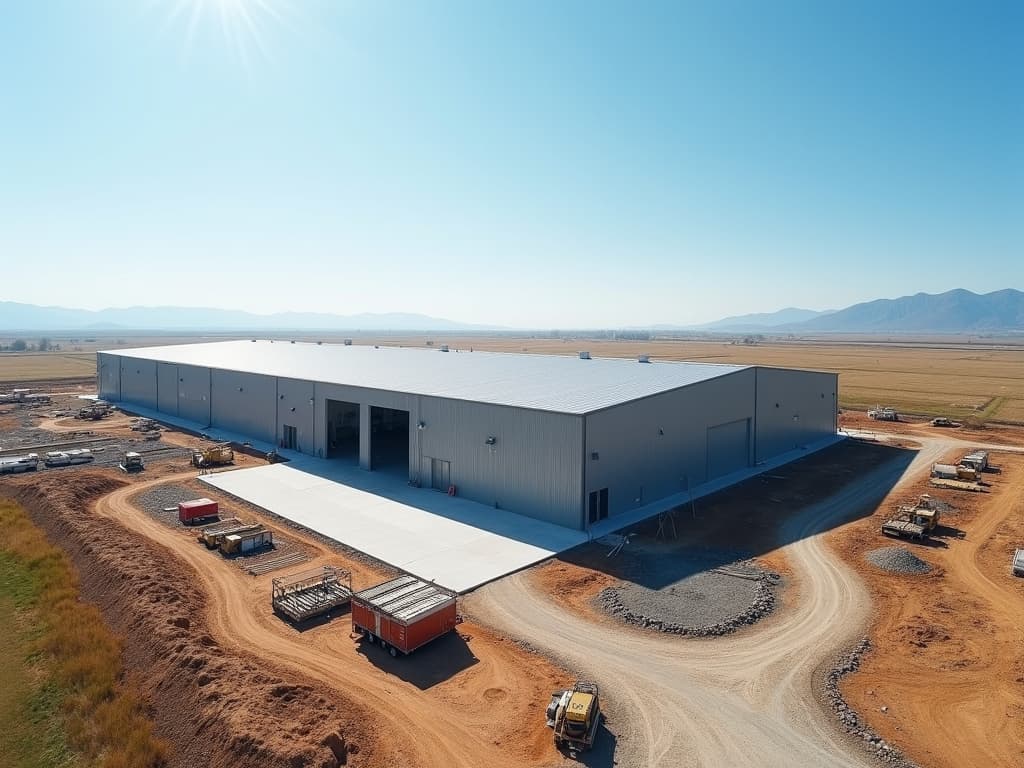 Warehouse steel buildings in an open field.