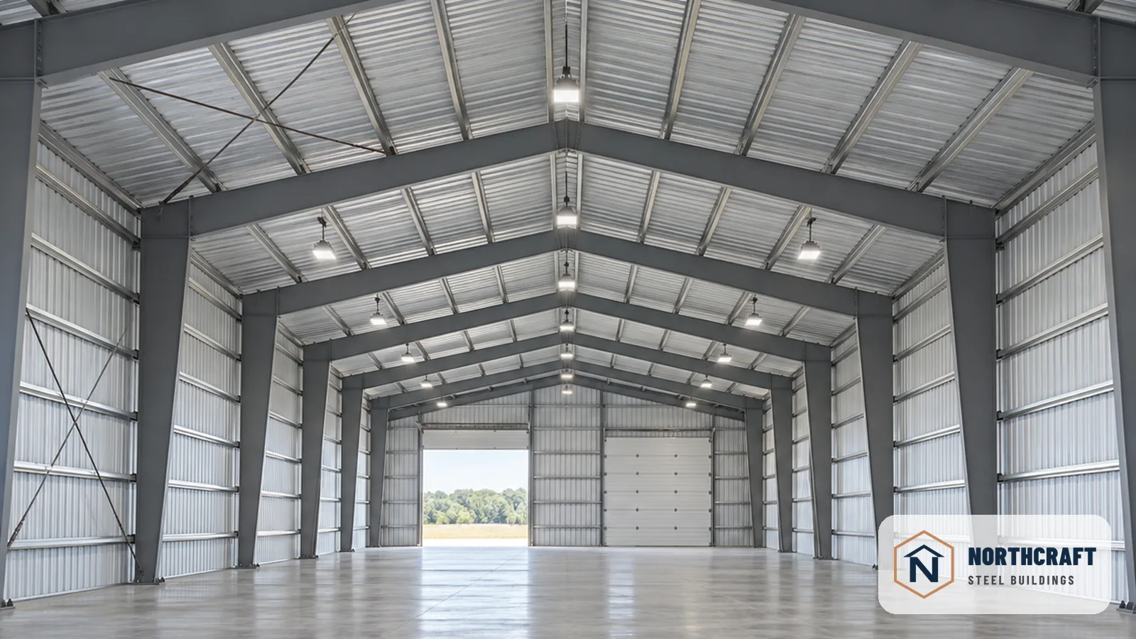 Empty clear-span steel warehouse interior with gray frames and a polished concrete floor