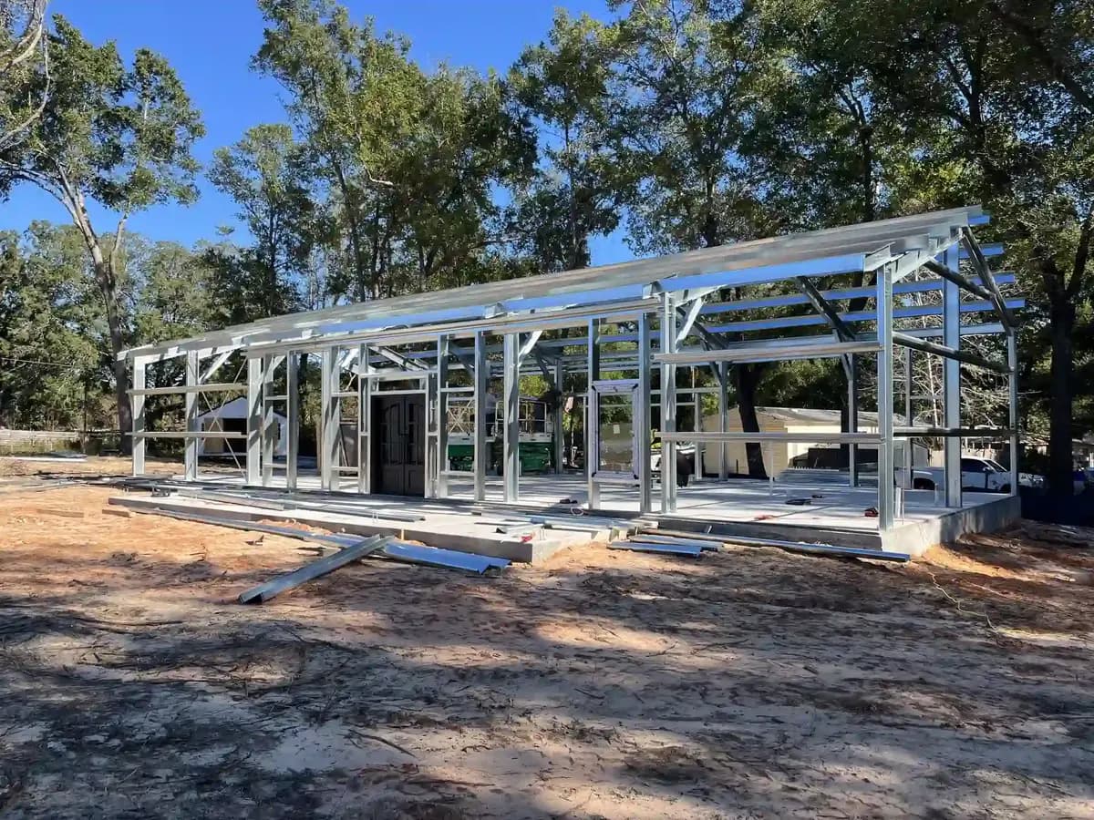 Steel building frame under construction.